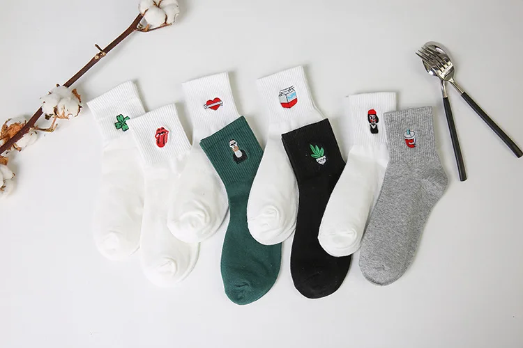 Новые женские носки в стиле Харадзюку, японские, ретро, с вышивкой в виде Розы, кактуса, хлопковые, литературные, забавные носки для женщин, подарок