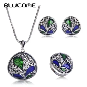 

Blucome Dubai Green Necklace Earrings Ring Jewelry Set Crystal Pendant Plant Shape Enamel Accessories Women Banquet Party Bijoux