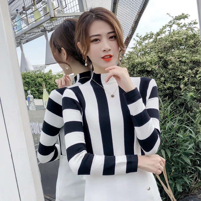 

Sweters Women Invierno 2018 Autumn Winter Women Knitted Sweater Pullovers Turtleneck Long Sleeve Striped Elastic Korean Clothes