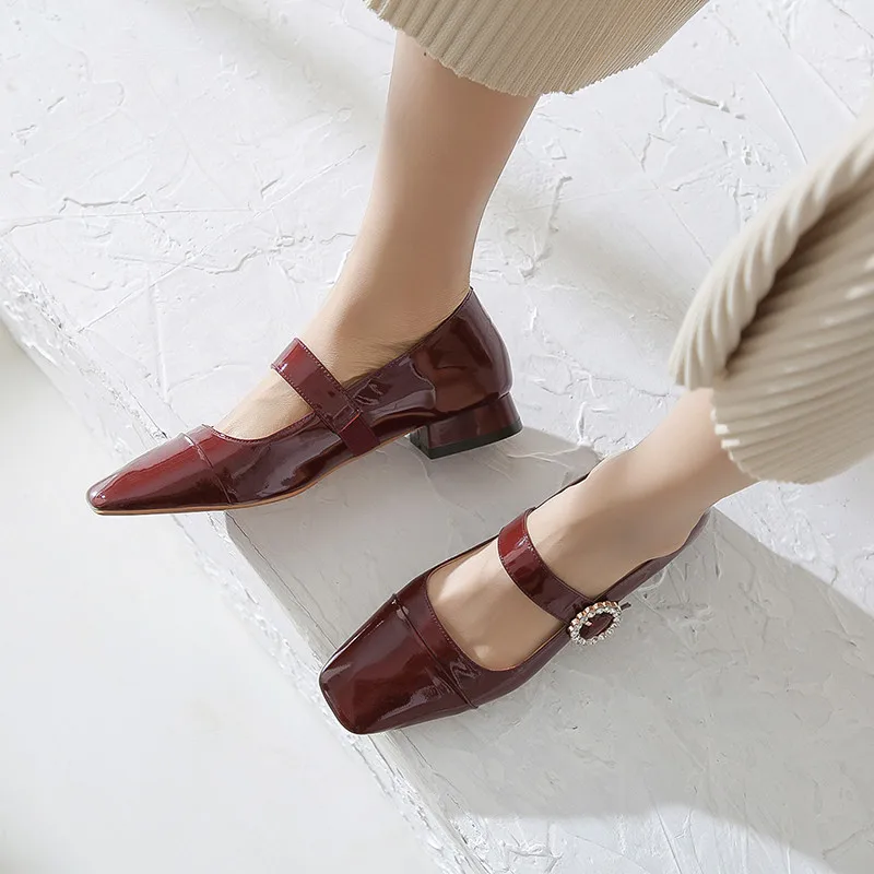 YMECHIC/Коллекция года; летние женские туфли Mary Jane на каблуке с пряжкой и кристаллами; цвет черный, винно-красный; вечерние туфли из натуральной лакированной кожи на высоком каблуке