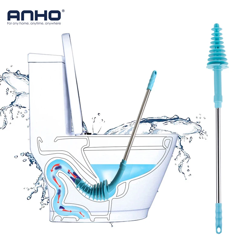

ANHO Toilet Brush Plunger Stainless Steel Long-handled with Wall Hook Dredge Cleaned Flexible Sewer Pipe Clogging Household Tool