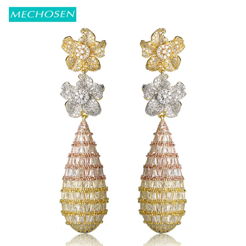 

MECHOSEN Luxury Brilliant Cubic Zirconia Drop Earrings For Women 3 Tones Flower Brincos Fashion Naija Wedding Pendientes Jewelry