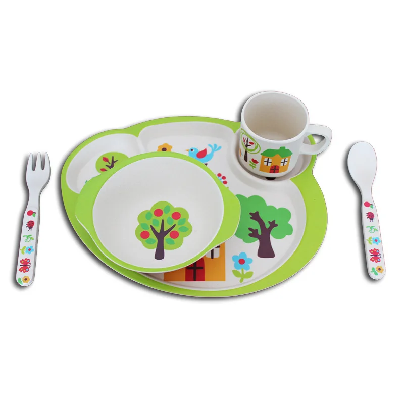 Latest Bamboo Fiber Material Children Tableware 5pcs Tableware Cartoon