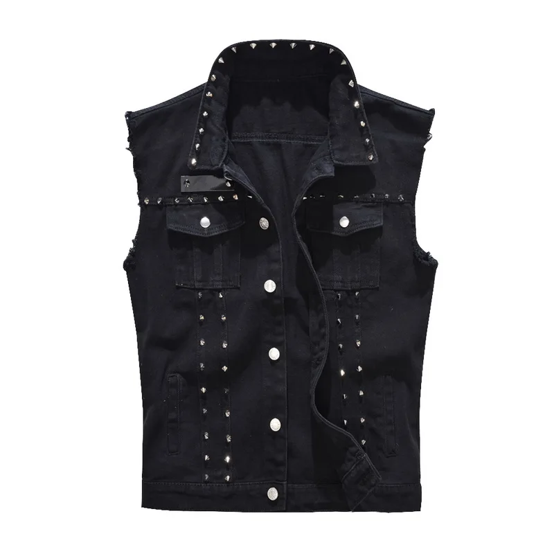 

MJARTORIA Men's Denim Solid Color Vest Sleeveless Jean Jackets with Rivets Slim Vest Ripped Denim Sleeveless Jacket
