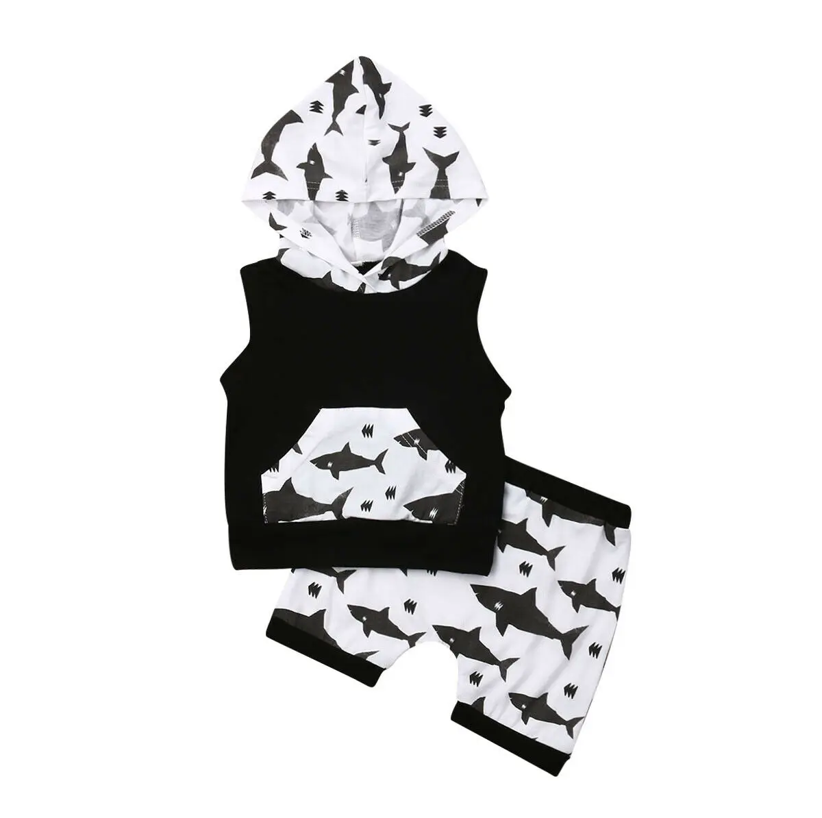 

0-3Y Toddler Kids Baby Boy Sleeveless Hooded Vest Tops Shark Print Shorts Pant Bottom 2PCS Summer Clothes Set