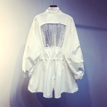 

2019 New Spring Fashion Medium-long Female Trench Coats Loose Slim Waist Long Sleeve Outwear Back Sequins Women Trenchcoat