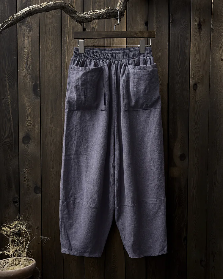 LZJN Baggy Pantalon Women Loose Ankle length Pants Linen Wide Leg Ladies Casual Sand Wash Summer Cool Baggy Trousers with Pocket (10)