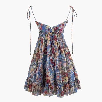 

2019 Sexy Spaghetti Strap Floral Print Irregular Dress Women Deep V-Neck Sleeveless Ruffle Mini Dress Empire A-Line Dress