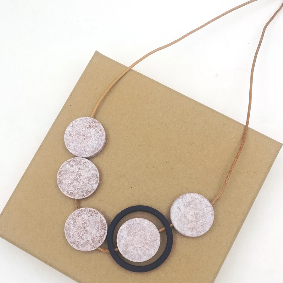 

wood disk geometric necklace pandant minimalist statement PALE COLOR statement abstract brown double color NW301