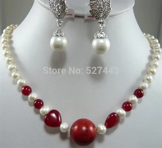 

Wholesale JWEW6529 White pearl& Ruby Necklace Shell Earring Set
