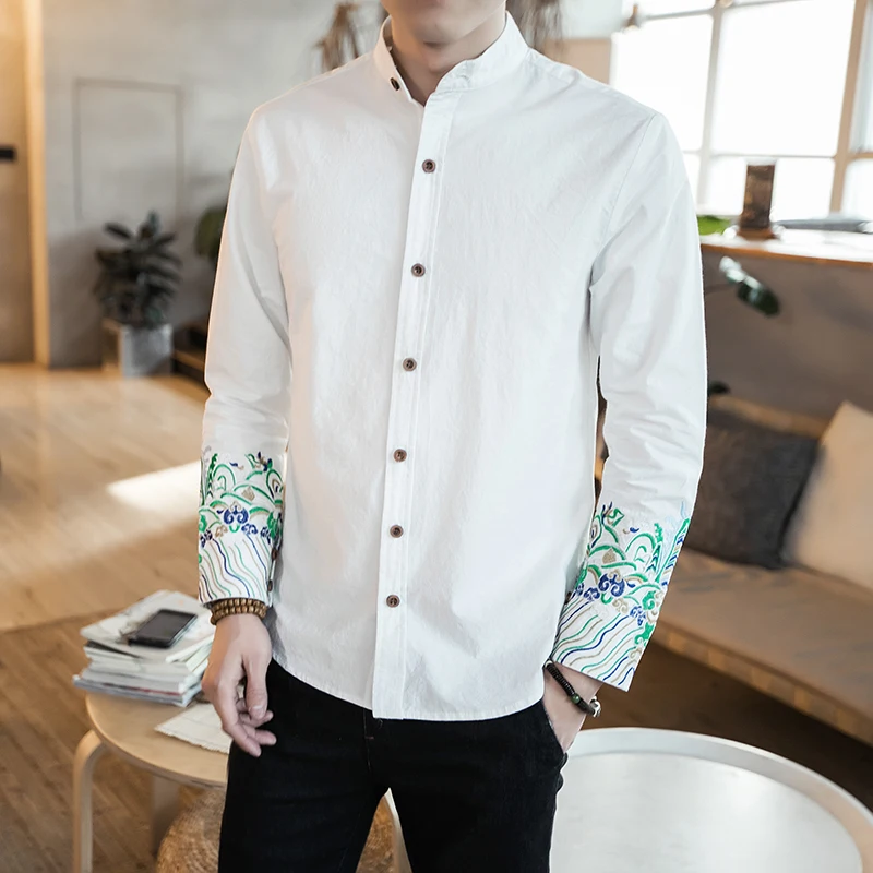 men shirt long sleeve Chinese style single breasted embroidery shirt ...