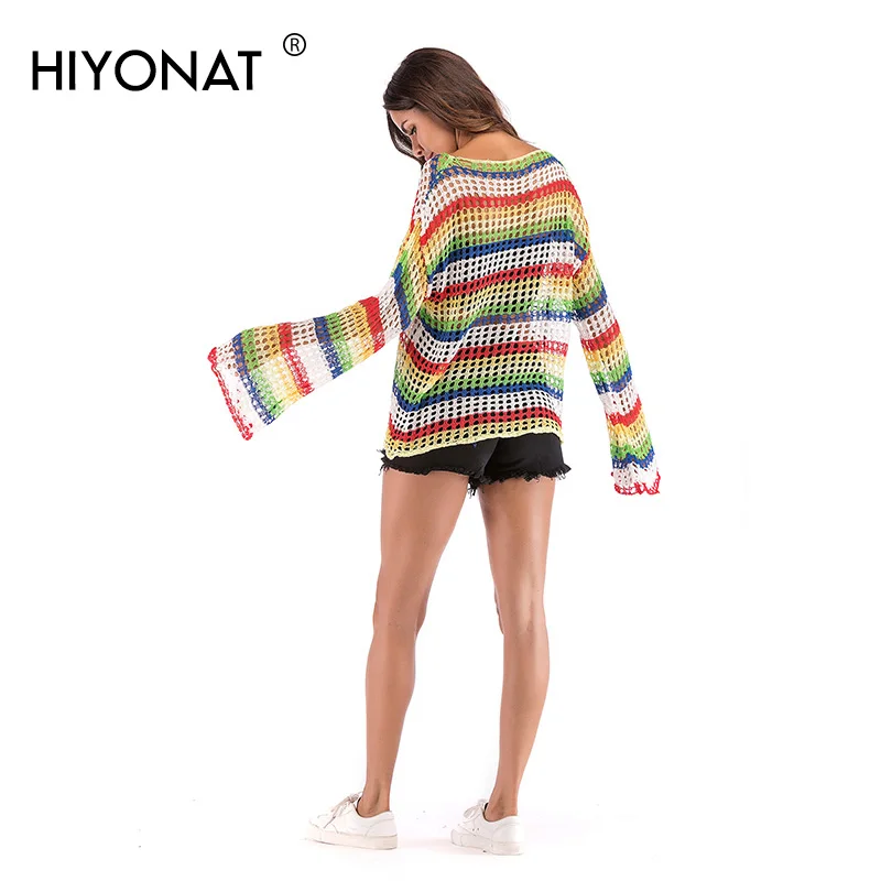Hiyonat 2019 Elegant Hollow Out Sweater Women Long Sleeves Rainbow Striped Knitted Pullover Sweaters Pull Femme Spring Jumper