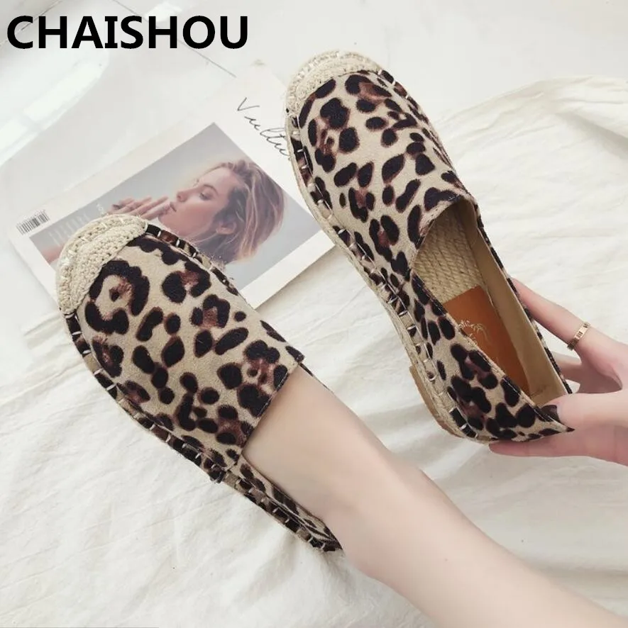 

CHAISHOU women's 2019 summer new straw fisherman's shoes female flat-bottom leopard frosted leather loafers zapatos mujer B-301