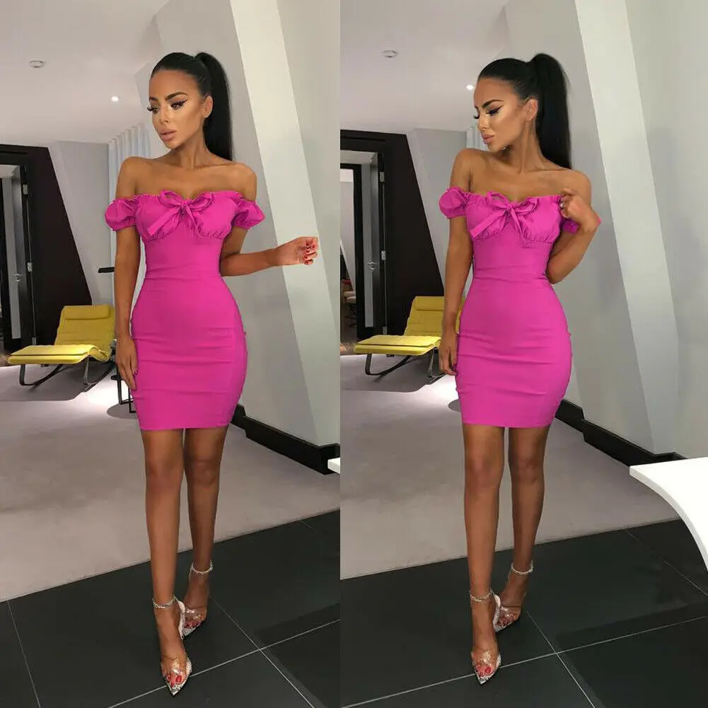 

2019 Newest Hot Summer Sexy Women's Off Shoulder Sleeveless Slim Fit Dress Bow Bandage Bodycon Evening Party Club Mini Dress