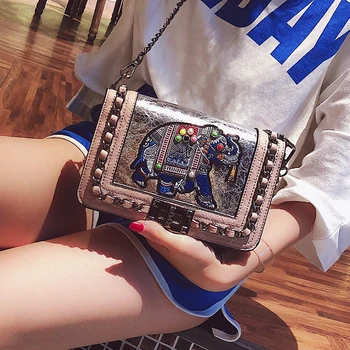 

ETAILL Summer Pearl Elephant Embroidered Chain Bag Woman Luxury Brand Bags 2018 PU Leather Flap Shoulder Bag Women Crossbody Bag
