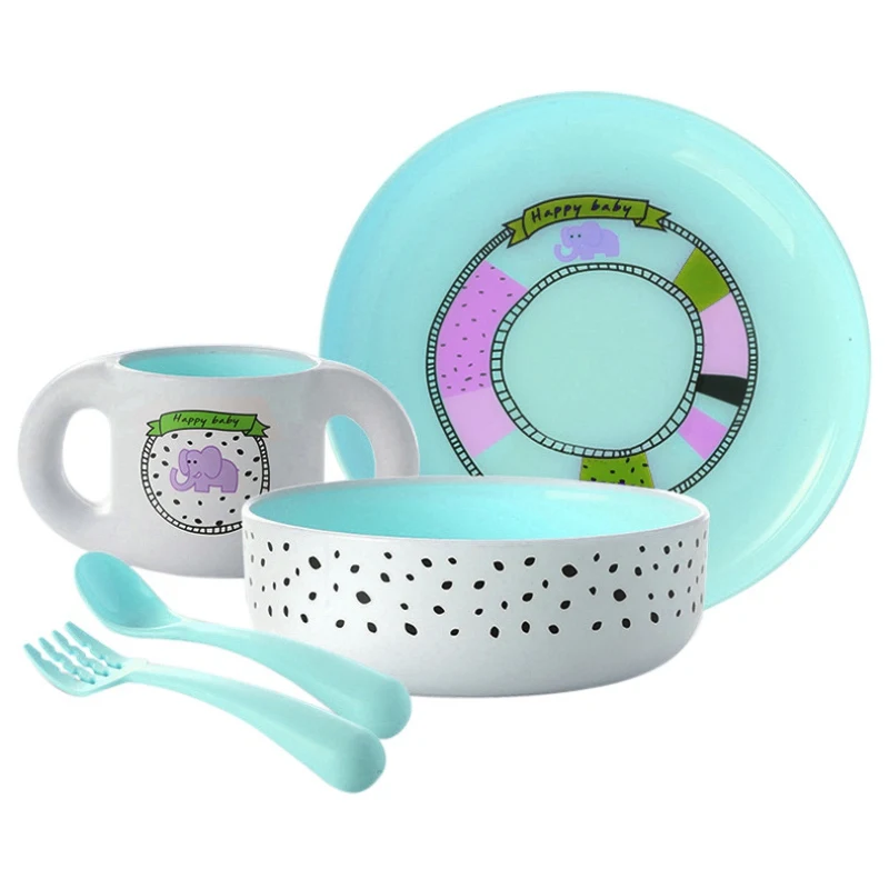

5pcs Baby Feeding Dishes Service Plate Dinnerware Tableware Spoon Set Kids Tray Forks Bowl Cup