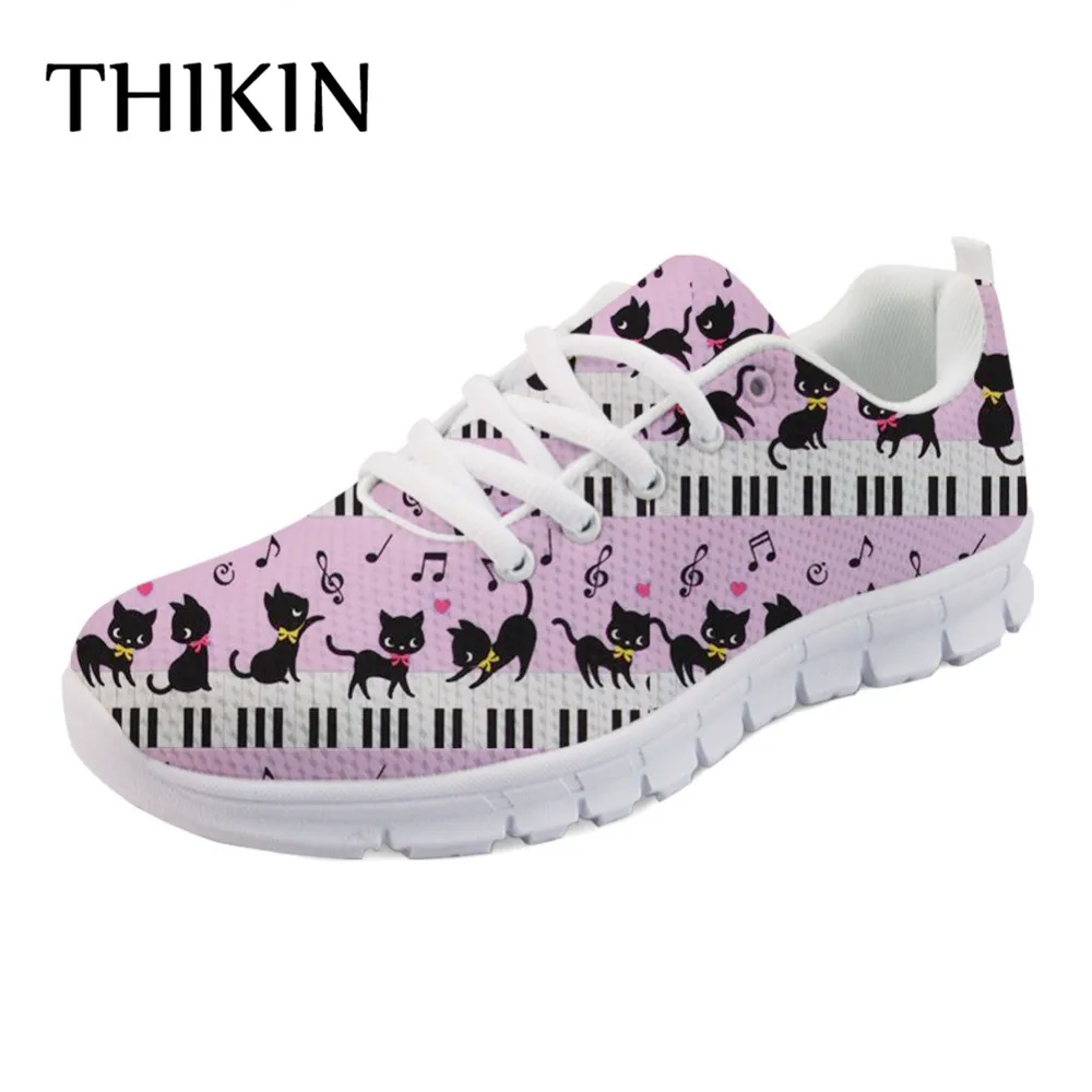 As Picture THIKIN Piano/Повседневная Брендовая женская обувь на плоской подошве с музыкальной нотой; сезон осень; Женская удобная сетчатая обувь с милым принтом кота - Цвет: As Picture
