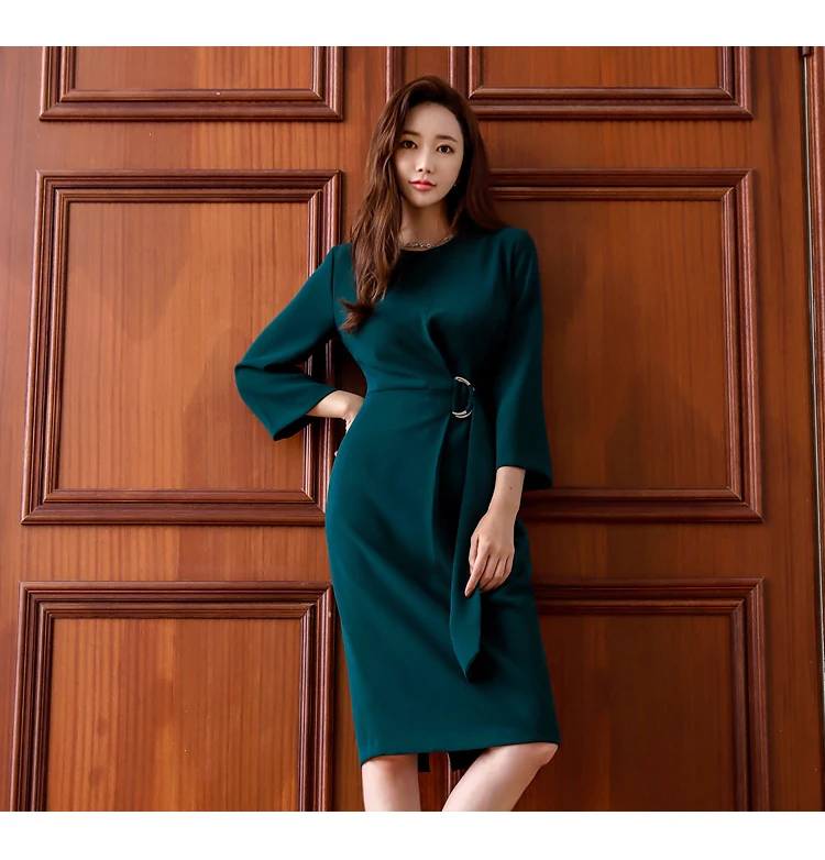 GreenOfficeDressWomenONeckLongSleeveElegantPencilSolidLacing