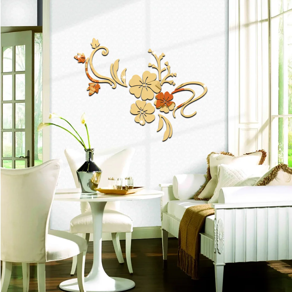 DIY Romantic Flower Vine Mirror Wall Stickers Sliver Gold Wall Mirrors