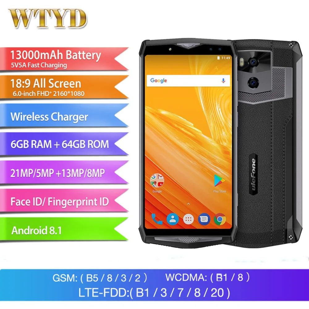 

Ulefone Power 5 6GB+64GB MTK6763 Octa Core Face ID 6.0" FHD 4G Smartphone Android 8.1 21MP 13000mAh Wireless charger Fingprint