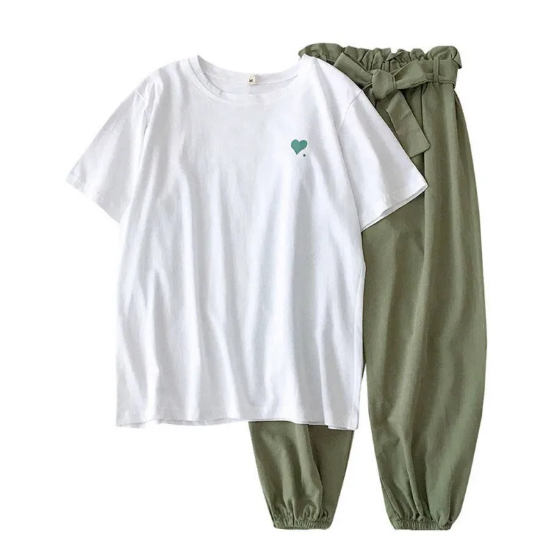 

2019 Women Summer Two Piece Sets O Neck Print Short Sleeve Tshirt + Casual Solid Color Harlan Pants 2 Piece Sets Womens Outfits