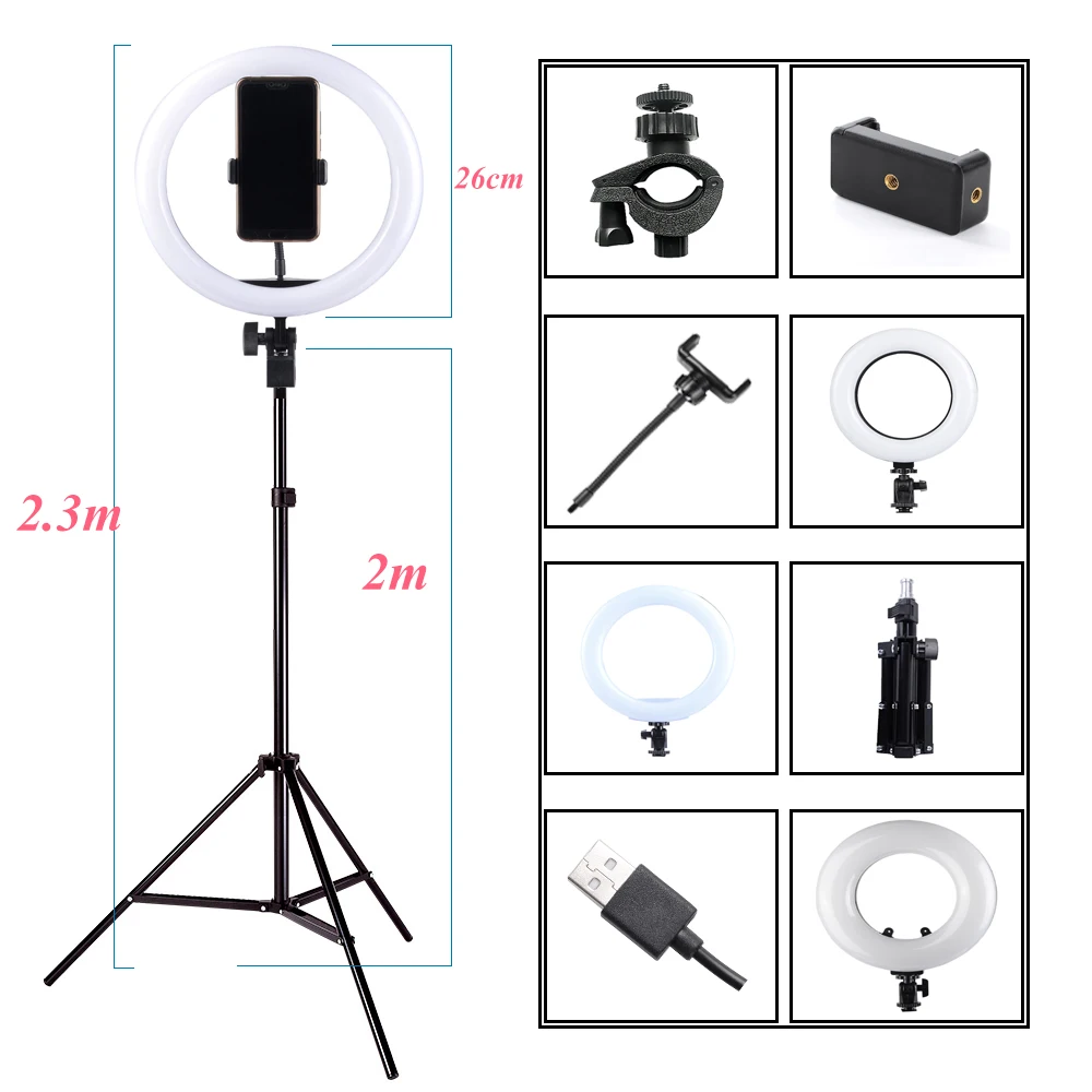 

Photography Dimmable LED Selfie Ring Light Youtube Video Live 3200-5500K Photo Studio Light With Phone Holder, USB Plug & Tripod