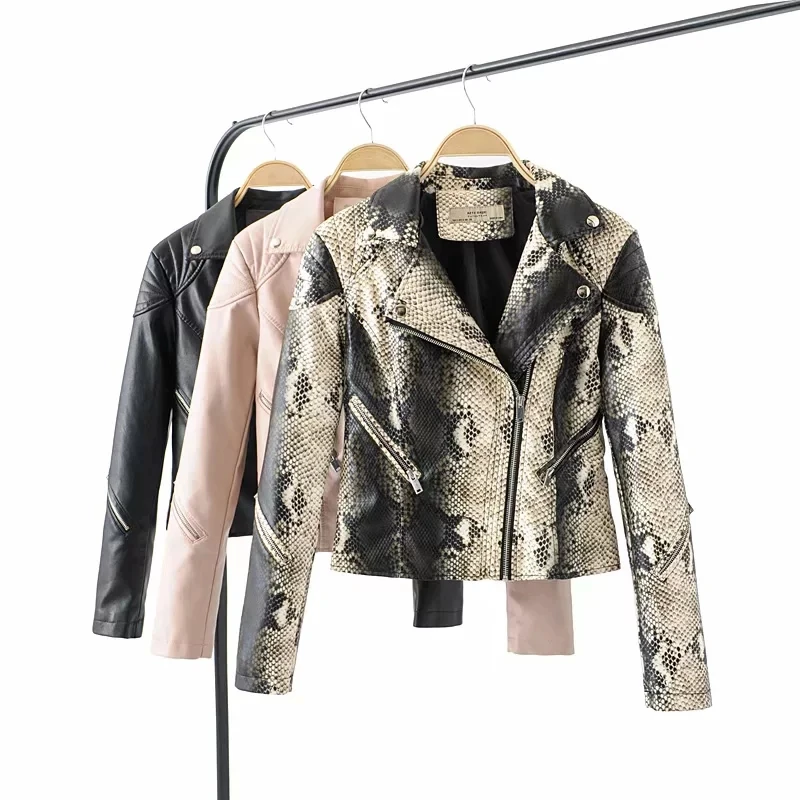 

vintage women PU leather jackets office ladies short bomb coats feminine snake skin print jacket girls cool black outerwear chic