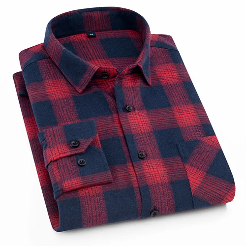 Мужская клетчатая рубашка с длинным рукавом, с начесом, с накладным левым карманом, Классические повседневные стандартные удобные и мягкие рубашки - Цвет: XDM23