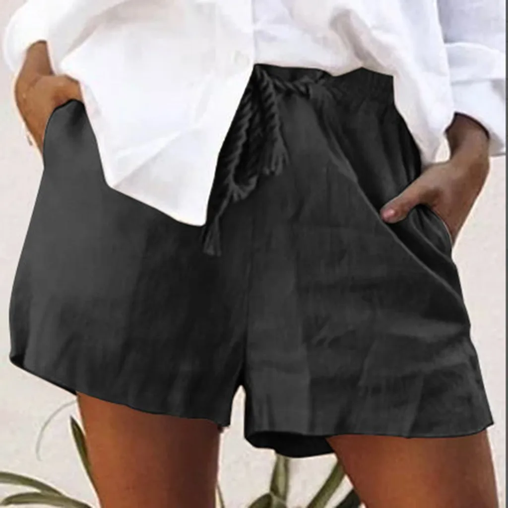 Льняные шорты женские повседневные плотные шорты плюс размер на шнуровке с эластичной талией байкерские Короткие повседневные летние женские шорты py20 - Цвет: Black