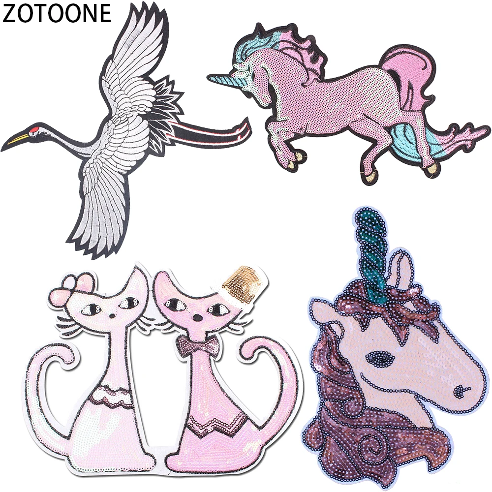 

ZOTOONE Sequined Unicorns Patches for Clothing Embroidered Patch Sewing on Clothes Cranes Decorations Iron on Patch Applications