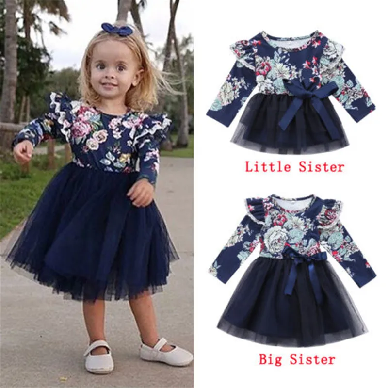 

Little/Big Sister Dresses Infant Baby Girl Floral Printed Party Dress Family Matching Outfits Bowknot Long Sleeve Autumn Dresses