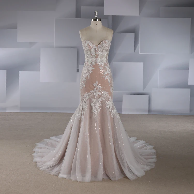 

Rosabridal Mermaid wedding dress 2018 Vestido de novia wholesale strapless boning bodice appliques over gray tulle with tail