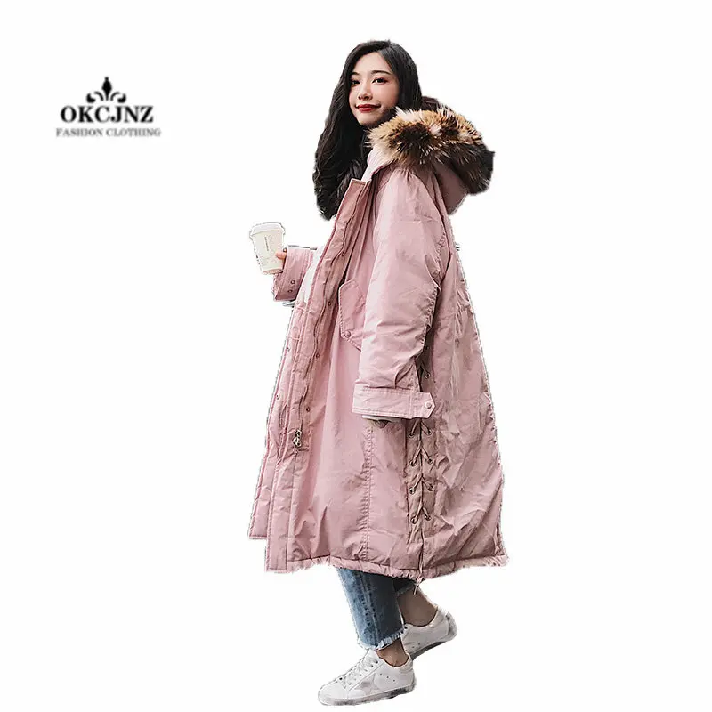 

Winter Long Paragraph Over The Knee Korean Version Cotton Coat Women's Loose Large Fur Collar Thick Solid Color Outerwear X0347