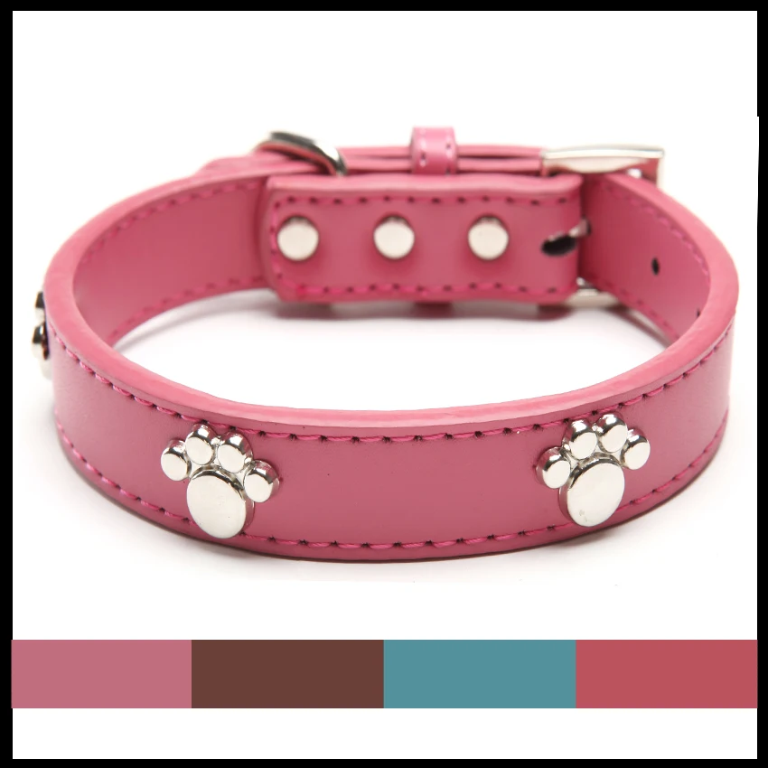 Real Leather Paw Cut Puppy Collars Adjustable Necklace Studs Pet Cat