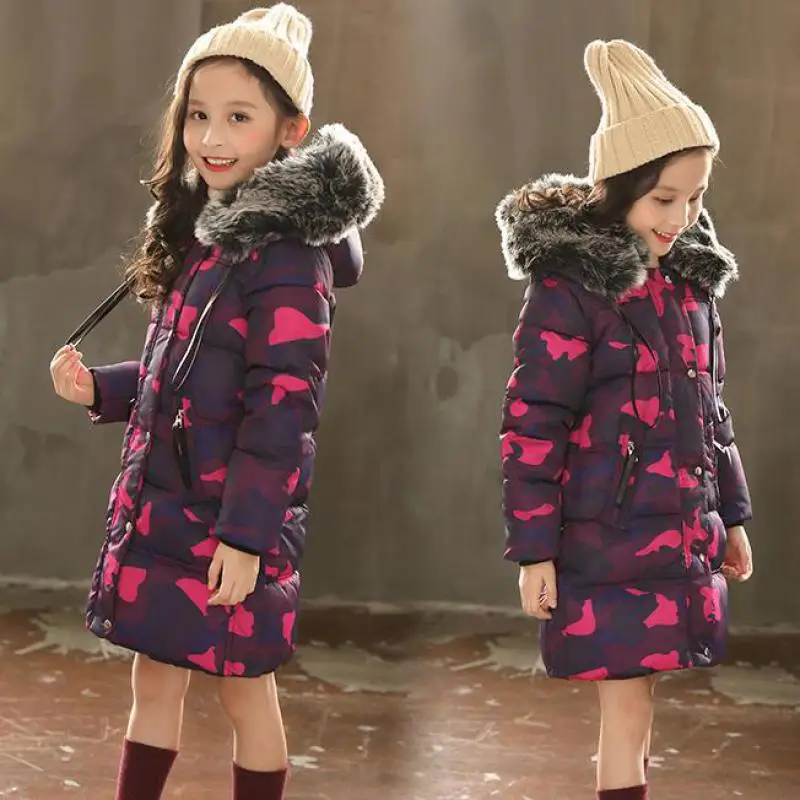 

2018 New Winter Girls Kids Warm Fur Collar Camouflage Print Cheap Coat Down Jackets Outer Clothing Hooded Snowsuit 10 12 14 Year