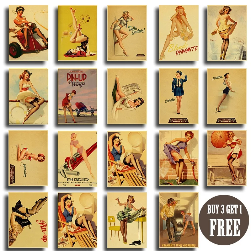 

Retro wall sticker World War II Pin up Girls poster classic kraft paper posters and prints home art wall painting