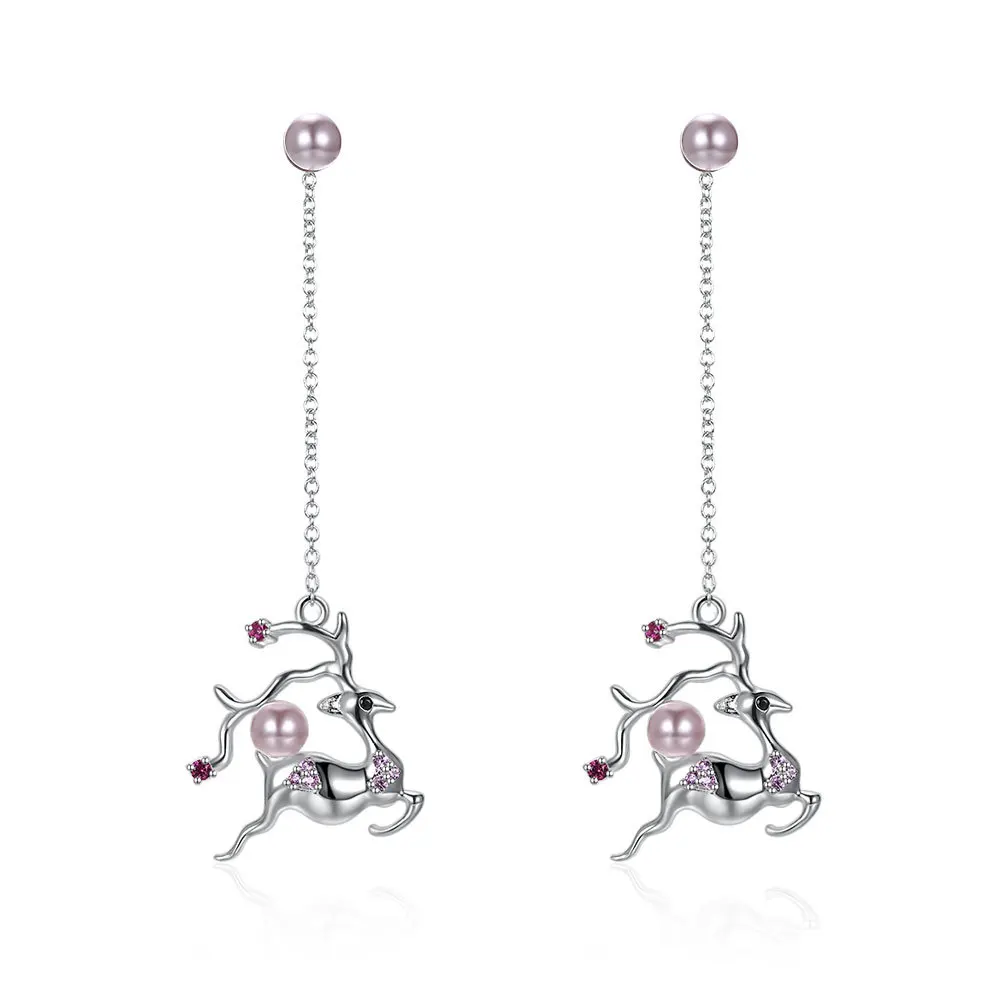 

S925 Silver Christmas Deer Long Earrings Crystal Femal Party Dangle Drop Earring Present for Friends Dressup Girl