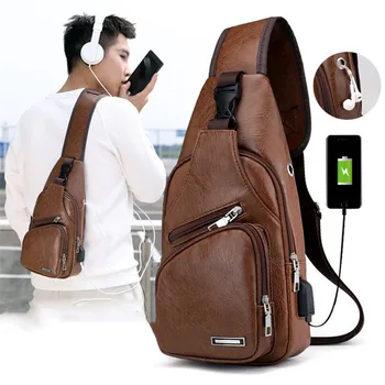 

1pc PU Leather USB Charging Chest Bag Casual Crossbody Wallet Antitheft Waist Pack Travel Walking Shopping Portable Money Pouch