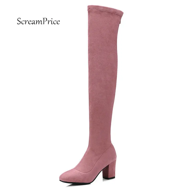 

Female Suede Comfort Thick Heel Over The Knee Boots Fashion Zipper Pointed Toe Thigh Boots Women Stretch Fall Winter Shoes
