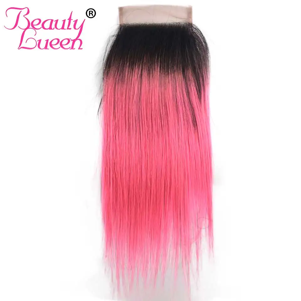 Brazilian Straight Hair 3 Bundles With Closure 1B Pink Two Tone Ombre Color Human Hair Weave With Lace Closure Remy Beauty Lueen (10)