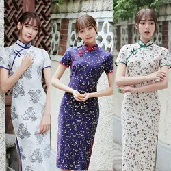 Лето 2019 Новое эластичное хлопковое и конопляное платье средней длины Cheongsam свежее платье с цветочным узором для девочек ретро-Винтаж