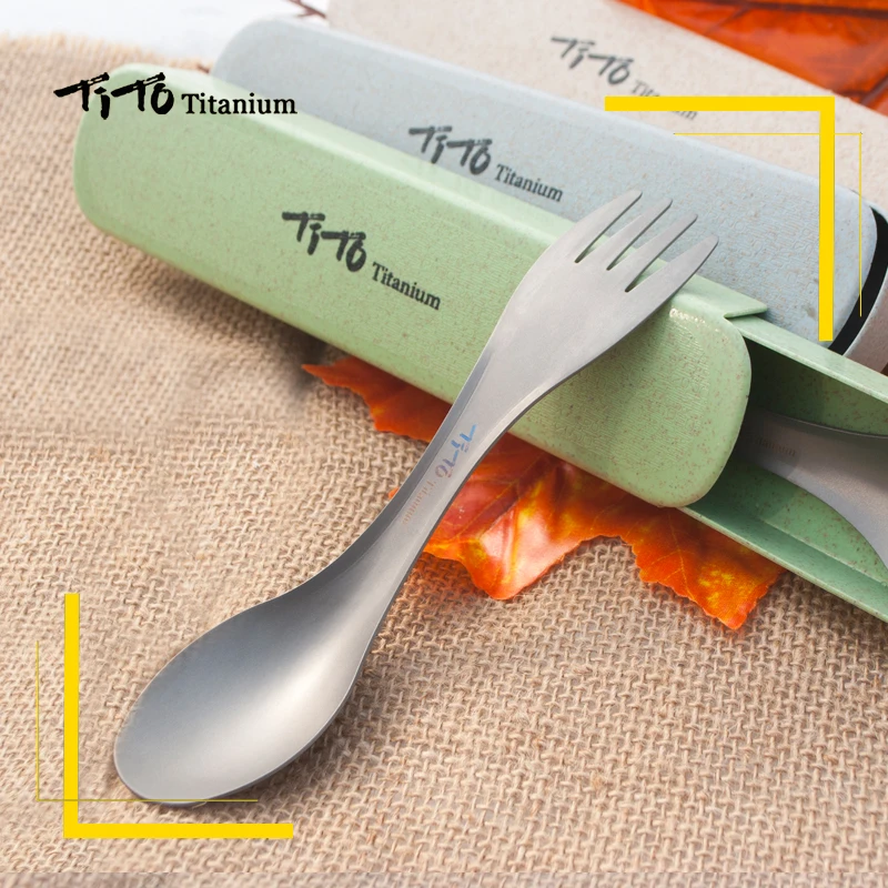 TiTo al aire libre Camping Picnic cuchara de titanio vajilla caja de tenedor de titanio paquete ultraligero puro titanio Spork para regalo
