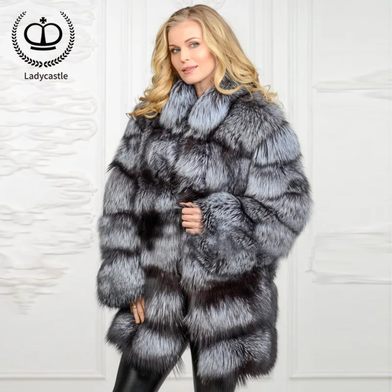 

2018 New Long Real Sliver Fox Fur Coat With Mandarin Collar Fox Fur Plus Size Real Jacket Genuine Women Overcoat Winter FC-074