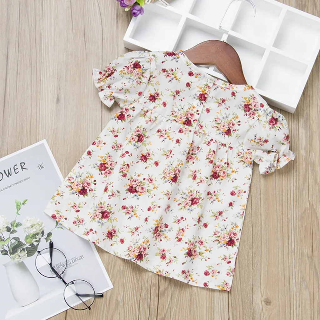 Summer Infant Baby Girls Short Sleeve Floral Print Dress Clothes Dresses