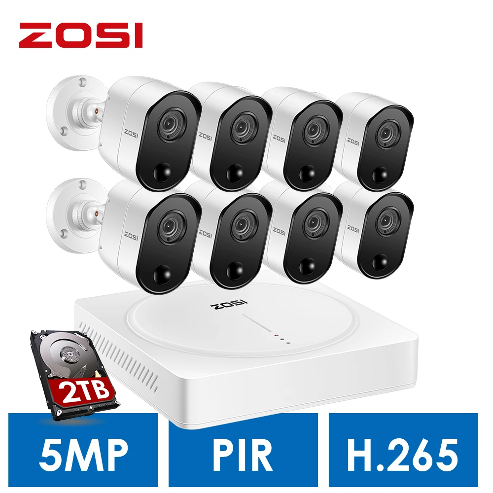 ZOSI 5MP домашняя система наблюдения, H.265+ 5.0MP 8CH CCTV DVR 2 ТБ жесткий диск и(8) 5.0MP Pir датчики движения камеры безопасности