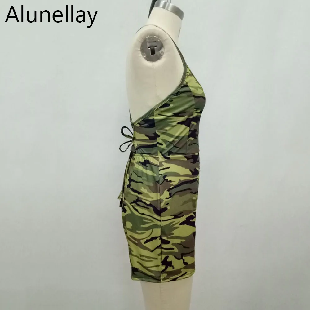 Alunellay Women Spaghetti Strap Camo Mini Jumpsuit Clubwear Lady Camouflage Romper Beach Shorts Holiday Summer Playsuit
