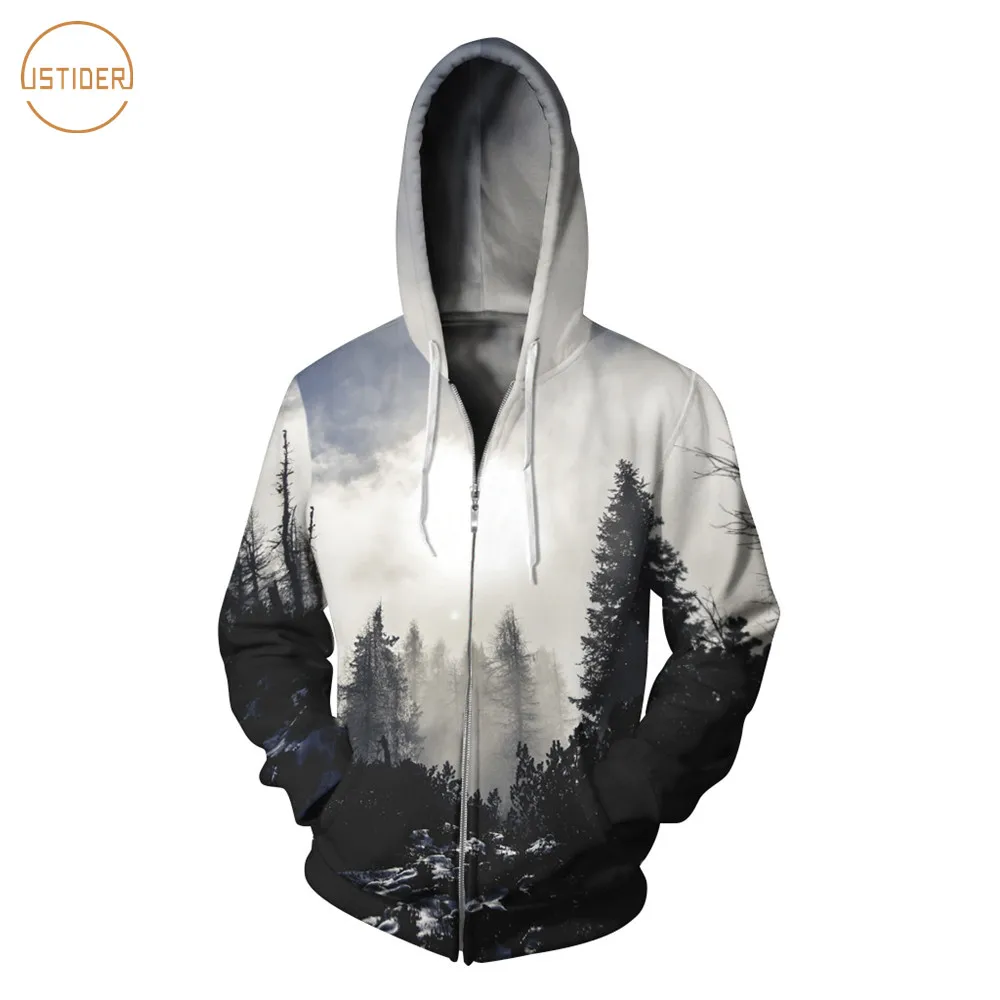 ISTider Unisex 3D Zip Up Hoodies HD Printing Fog Forest Trees Hooded