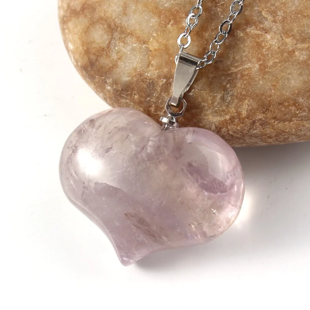Natural Gnergy Gemstone~ Silver Plated Natural Rock Cryatal Rose Pink Quartz Opalite Opal Black Agates Love Heart Stone Pendant Women Men Jewelry 15 AA00201023714a