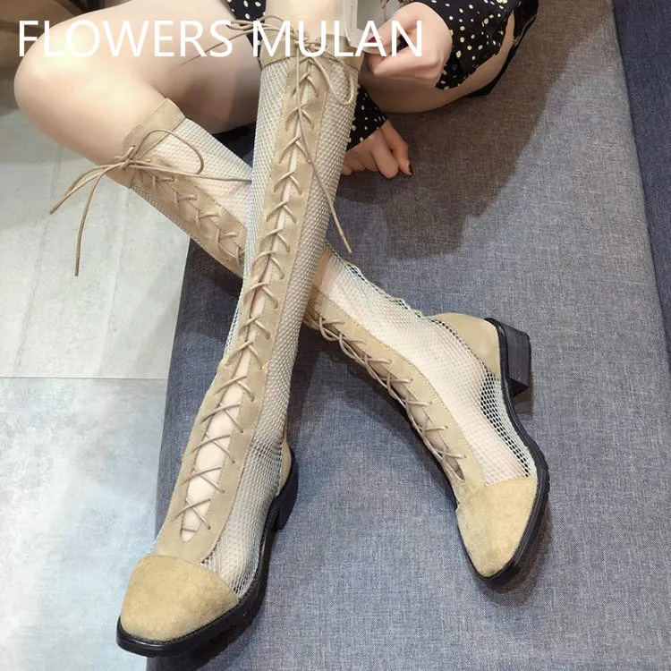 

Brand Fashion Show Boots Women Stretch Suede Round Toe Breathable Mesh Upper Spring Autumn Botas Mujer Cross Buckle Shoes Woman