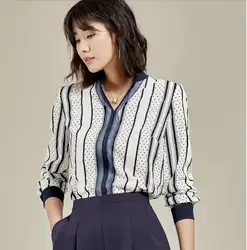 Полосатая рубашка женская с длинным рукавом 2019 Новый v-образный вырез в горошек OL офисный женский топ Повседневный Плюс Размер S-4XL женские